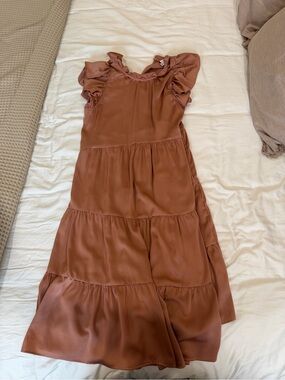 Pinch Ruffle Sleeve Tiered Midi Dress - Rust
